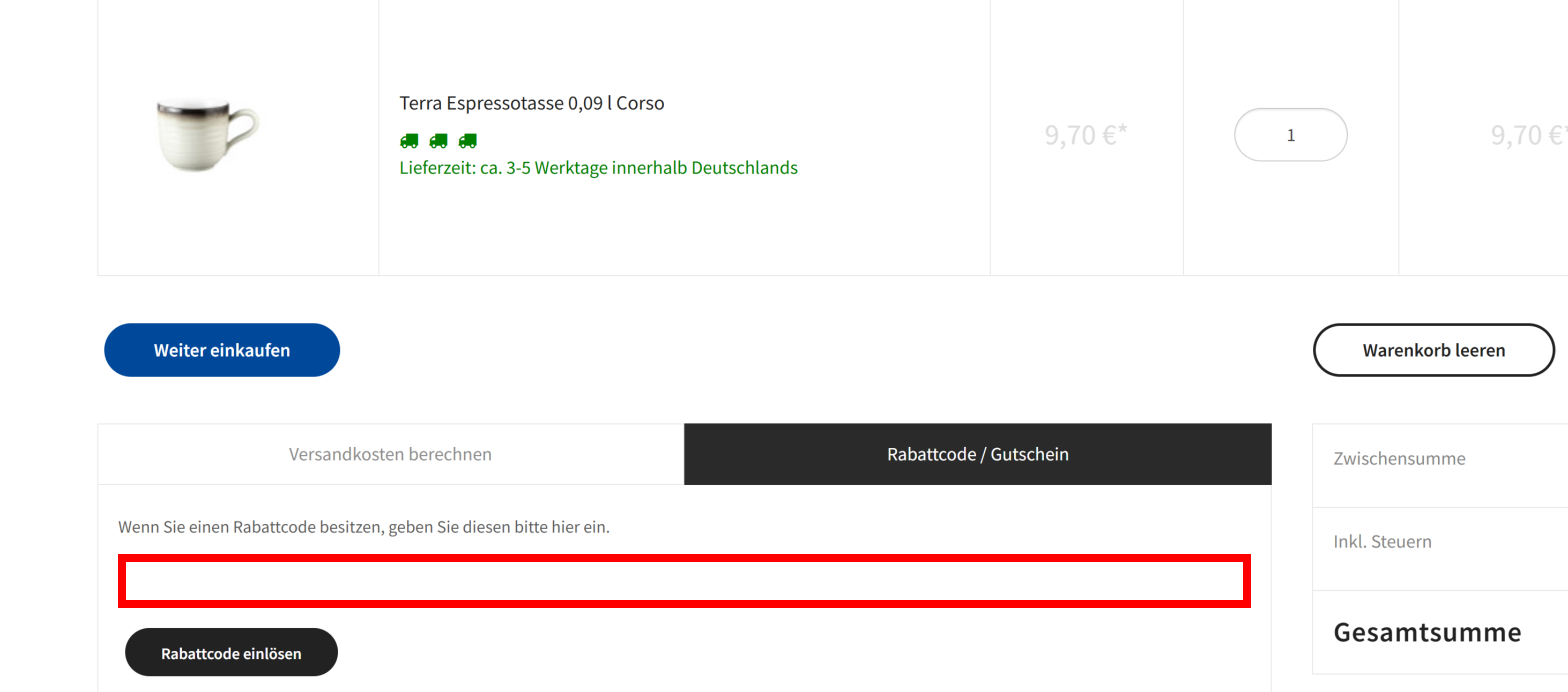 Warenkorb von Seltmann Weiden mit einem rotmarkiertem Eingabefeld
