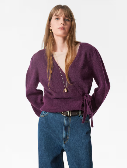 Cardigans for autumn: A model wearing the Mohair-Blend Knitted Wrap Cardigan in plum