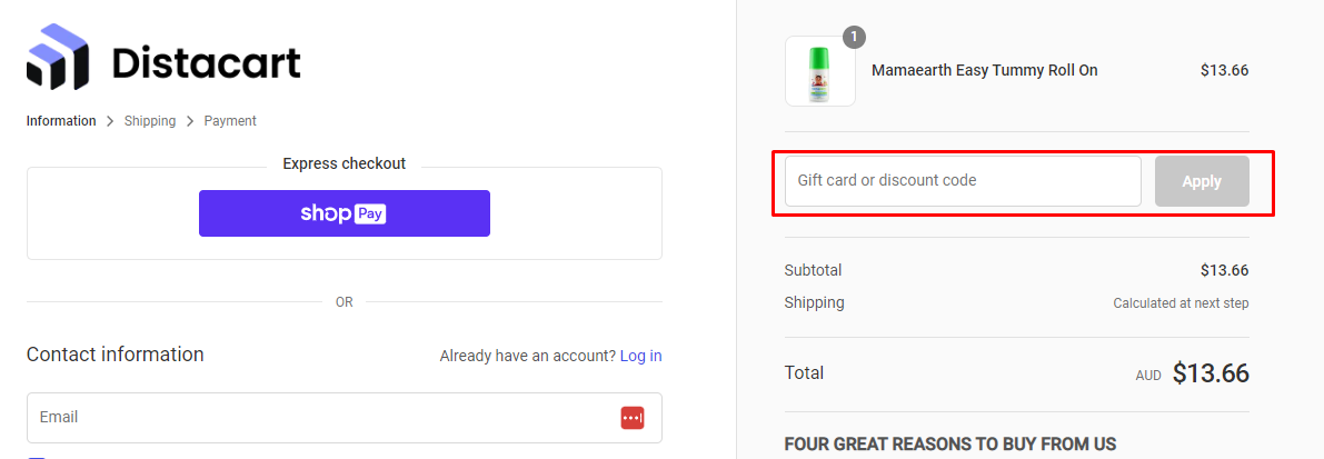 How do I use my Distacart discount code?