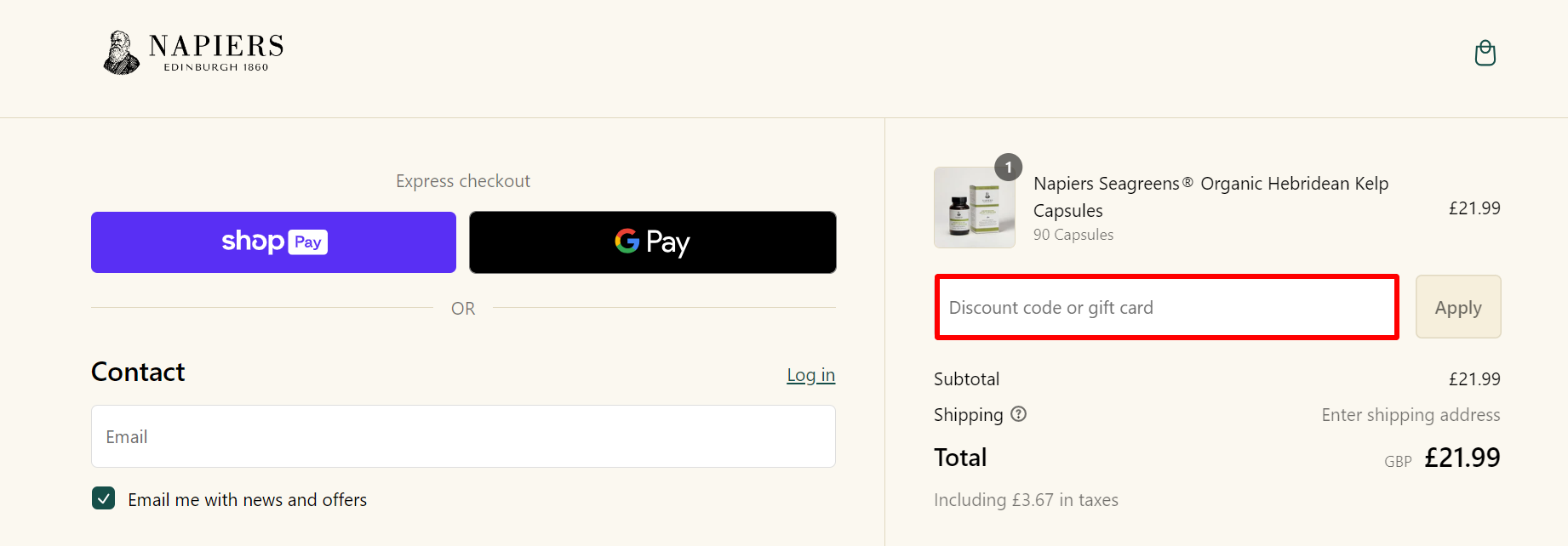 The checkout page shows a highlighted red box where to add a Napiers The Herbalists discount code.