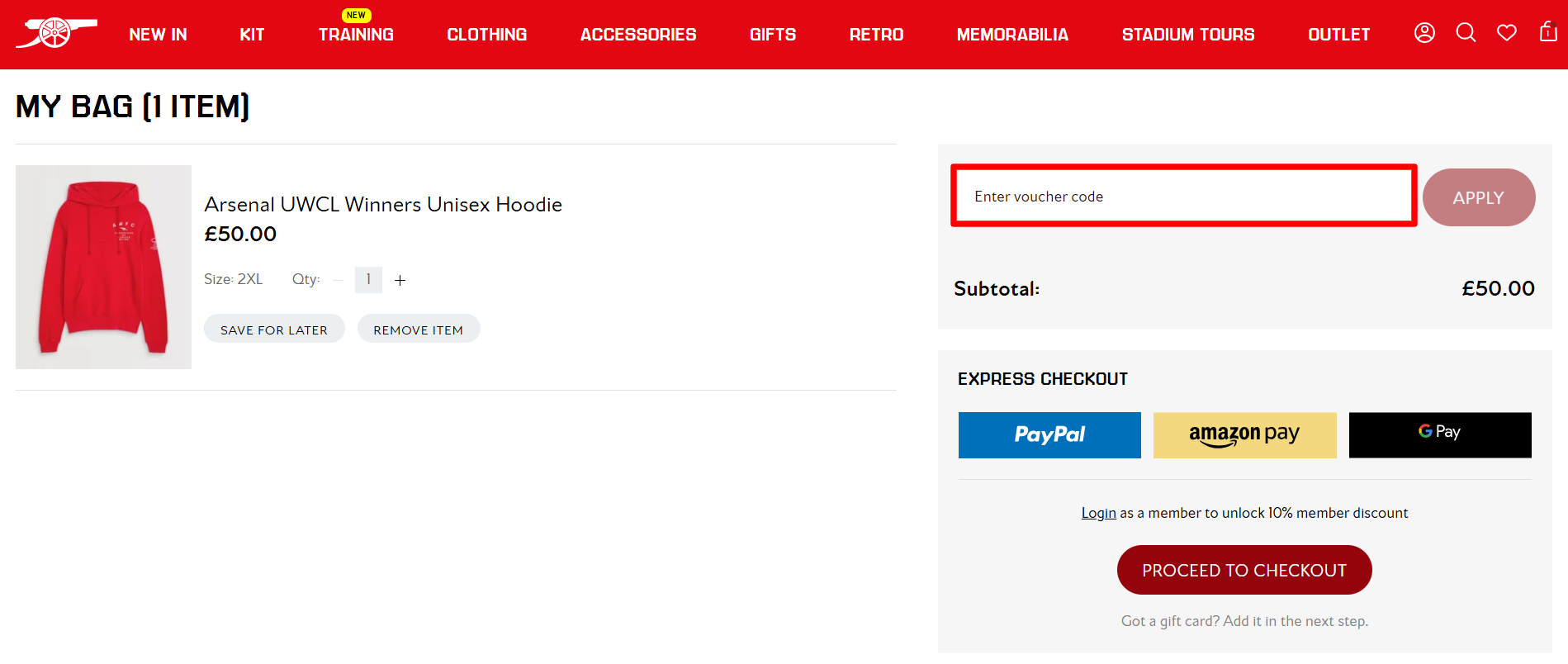 The Arsenal order summary page with the voucher code box highlighted with a red box
