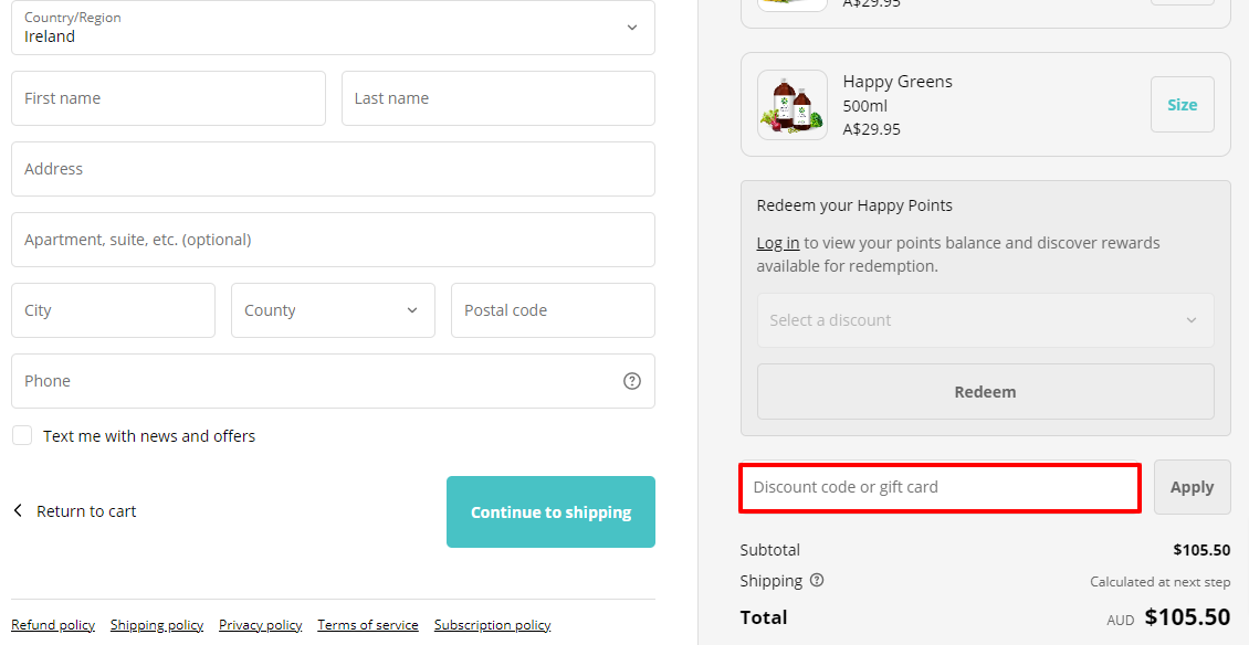 The brand checkout page with where to add Happy Healthy You discount code is highlighted with a red box
