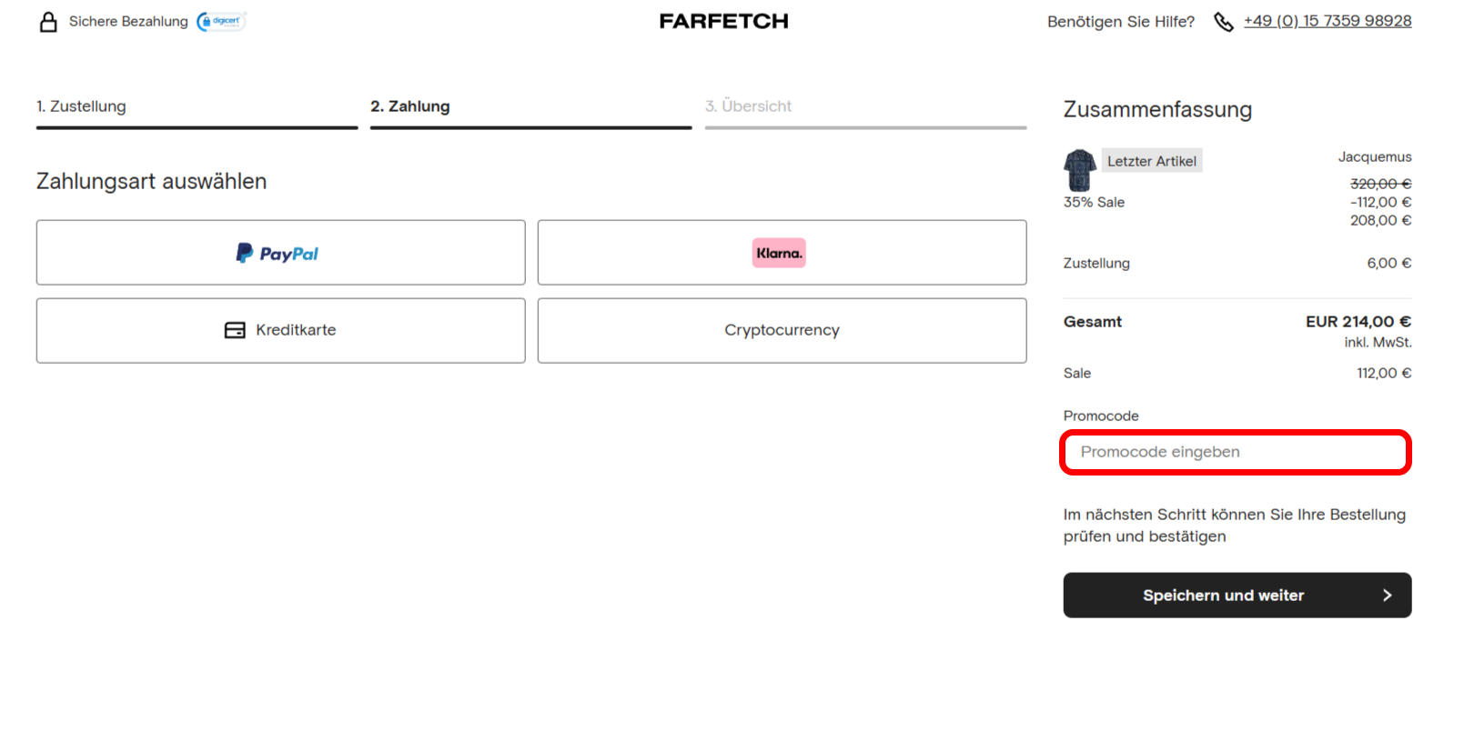Die Warenkorb-Seite von Farfetch mit rotmarkierter Stelle für den Farfetch Rabattcode