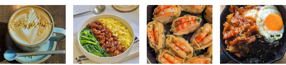 A collage showing osmanthus latte, grilled chicken ice bowl + egg and vegetables, fresh big shrimp and pork fried dumplings and pork belly kimchi rice bowl