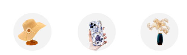 Ein Sonnenhut, eine Smartphone-Hülle und Vase mit Blumen darin auf leerem Grund