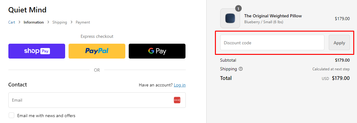 How do I use my Quiet Mind discount code?