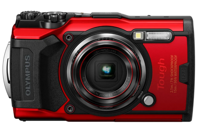 Black and red Olympus camera with lens facing front all on a white background