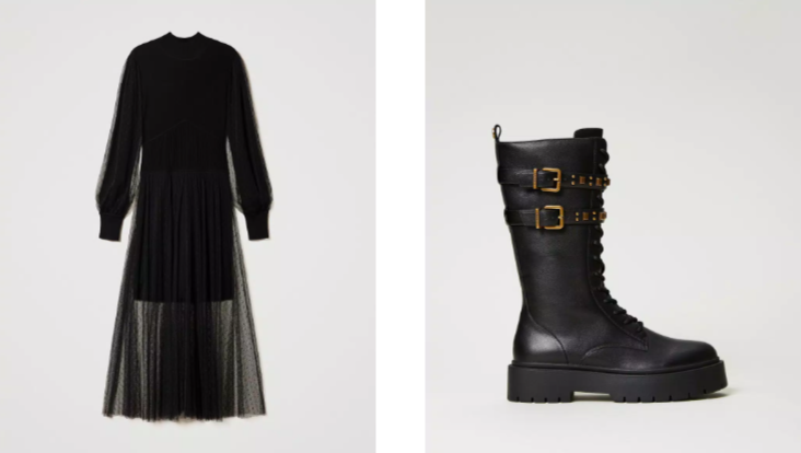 Ein einzelner schwarzer Stiefel und eine Frau, die in einem schwarzen Kleid posiert