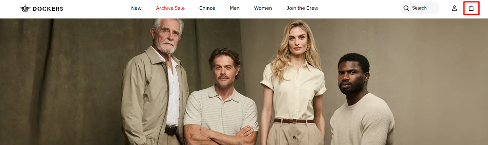 The Dockers website and the shopping categories, with the shopping cart highlighted with a red box
