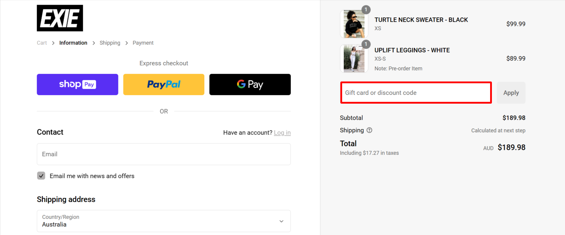The brand checkout page with where to add the EXIE discount code highlighted with a red box