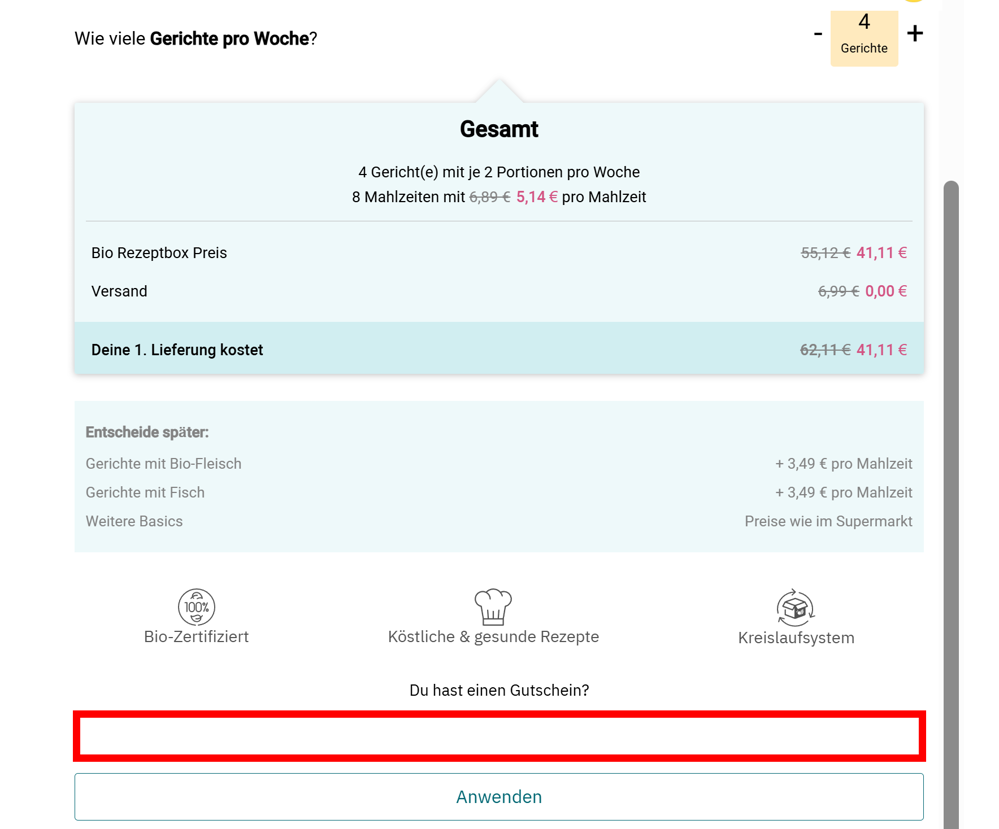 Mehrere Angaben auf wyldr mit einen rotmarkierten Eingabefeld für Gutscheincodes