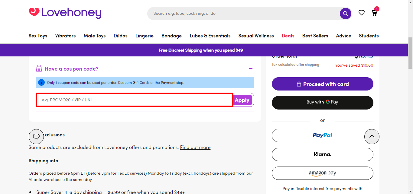 Lovehoney coupon code place highlighted with a red box on their checkout page
