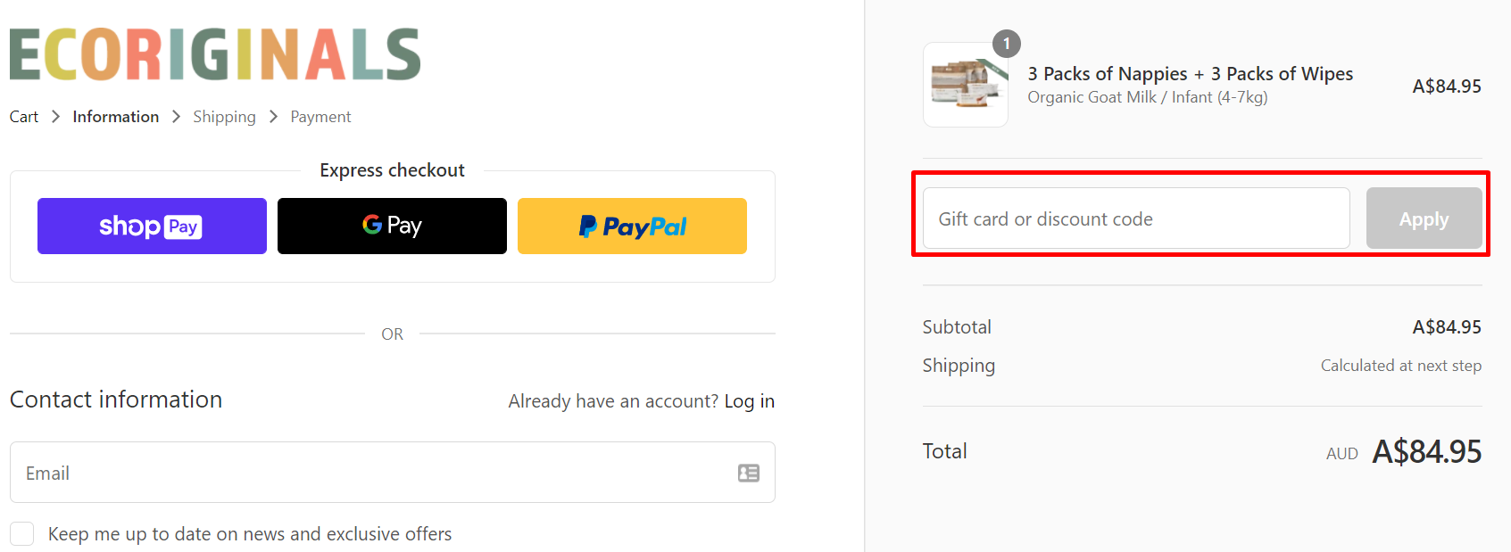 How do I use my Ecoriginals discount code?