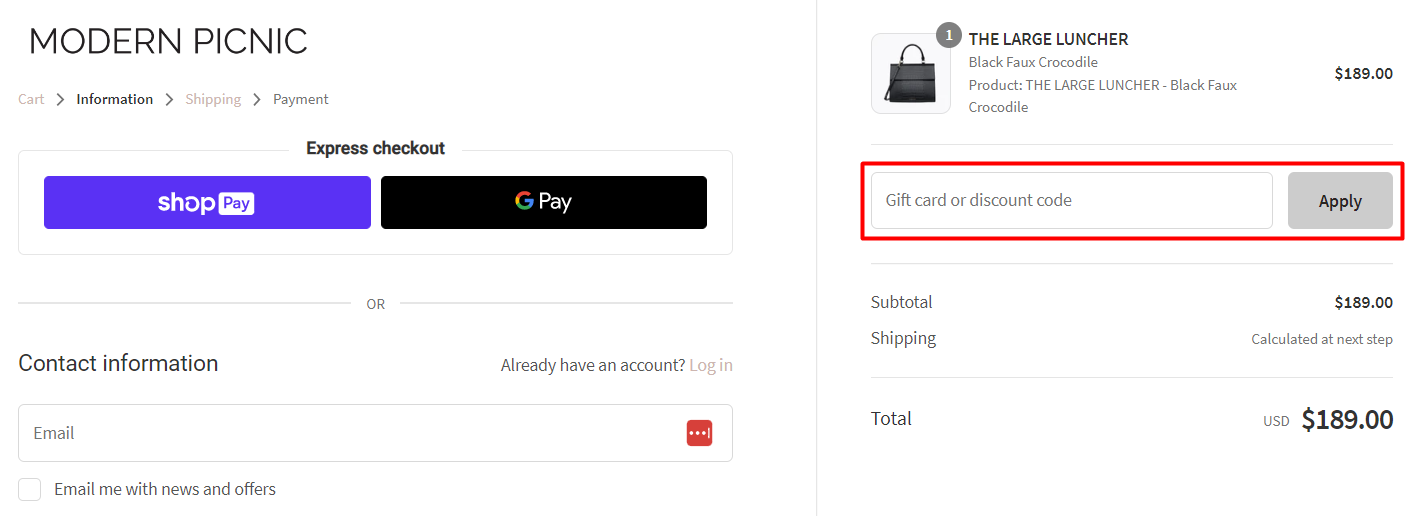 How do I use my Modern Picnic discount code?