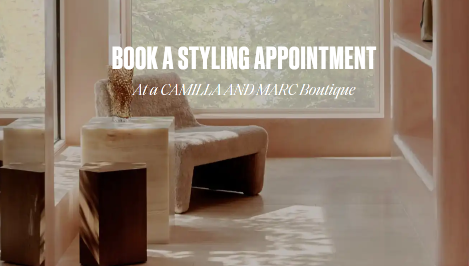 CAMILLA AND MARC booking appointment text displayed on the light brown background