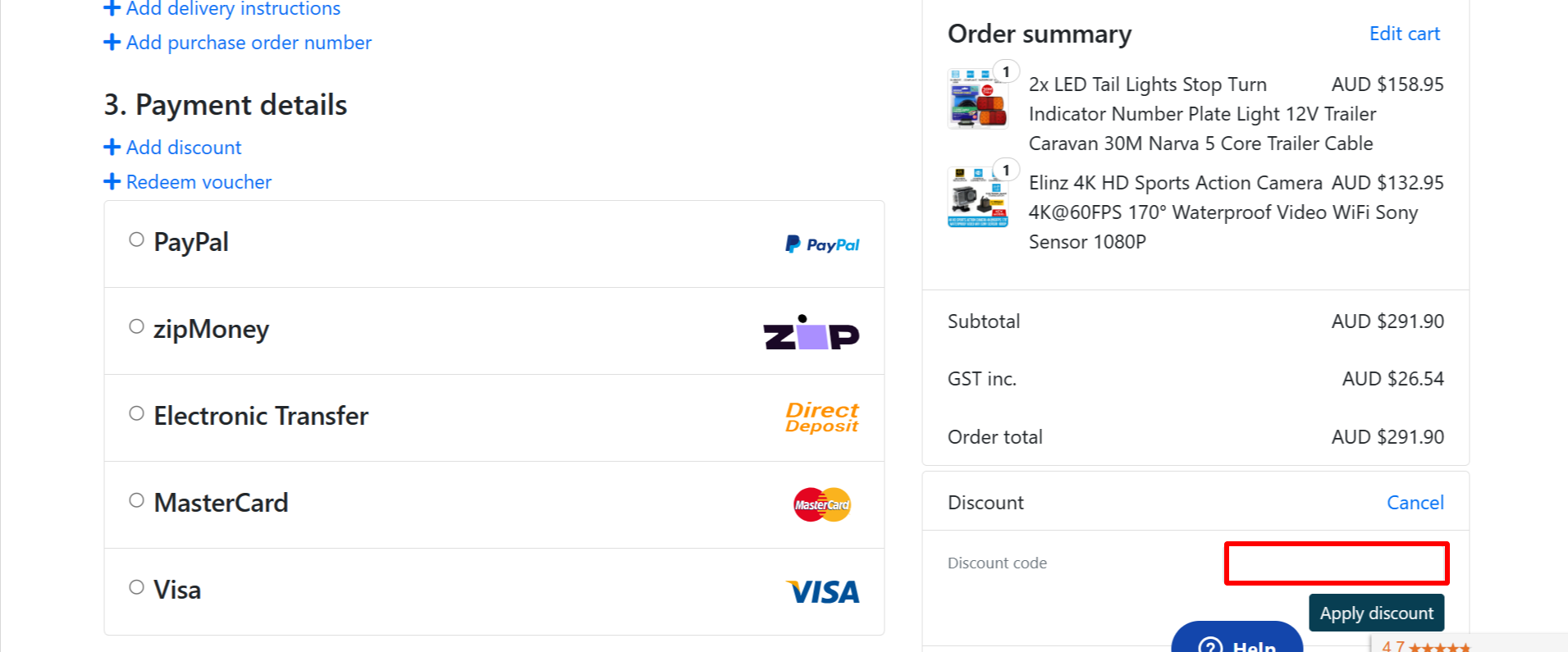The brand checkout page with where to add the Elinz discount code highlighted with a red box