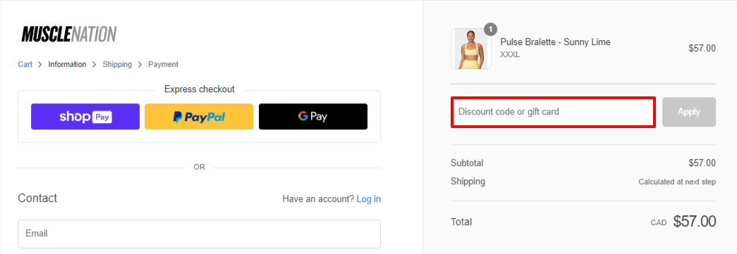 The brand checkout page with where to add the Muscle Nation promo code highlighted with a red box