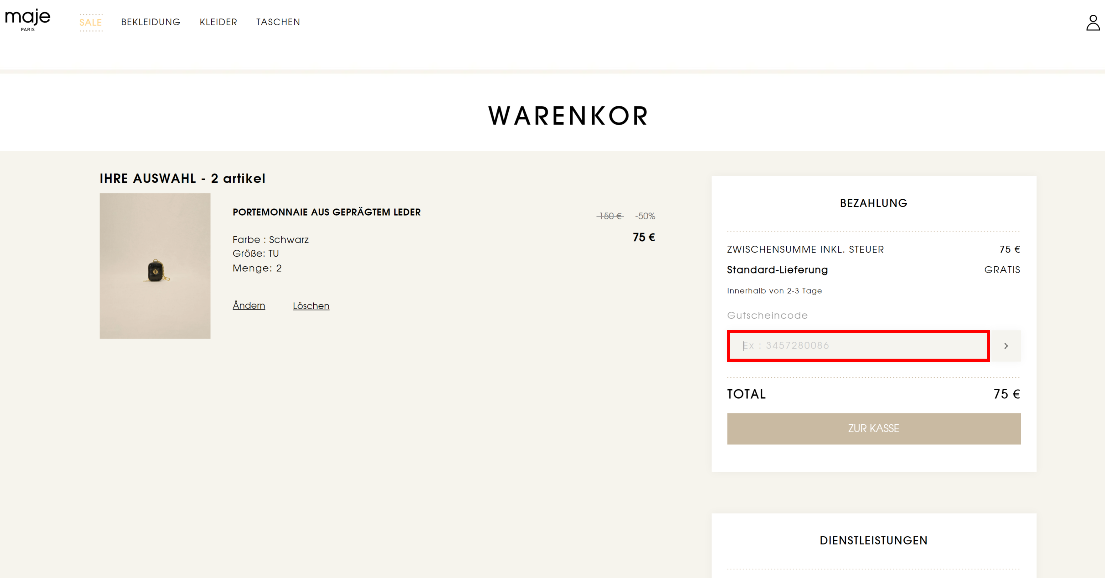 Die Warenkorb-Seite von Maje mit rotmarkierter Stelle für den Maje Rabattcode