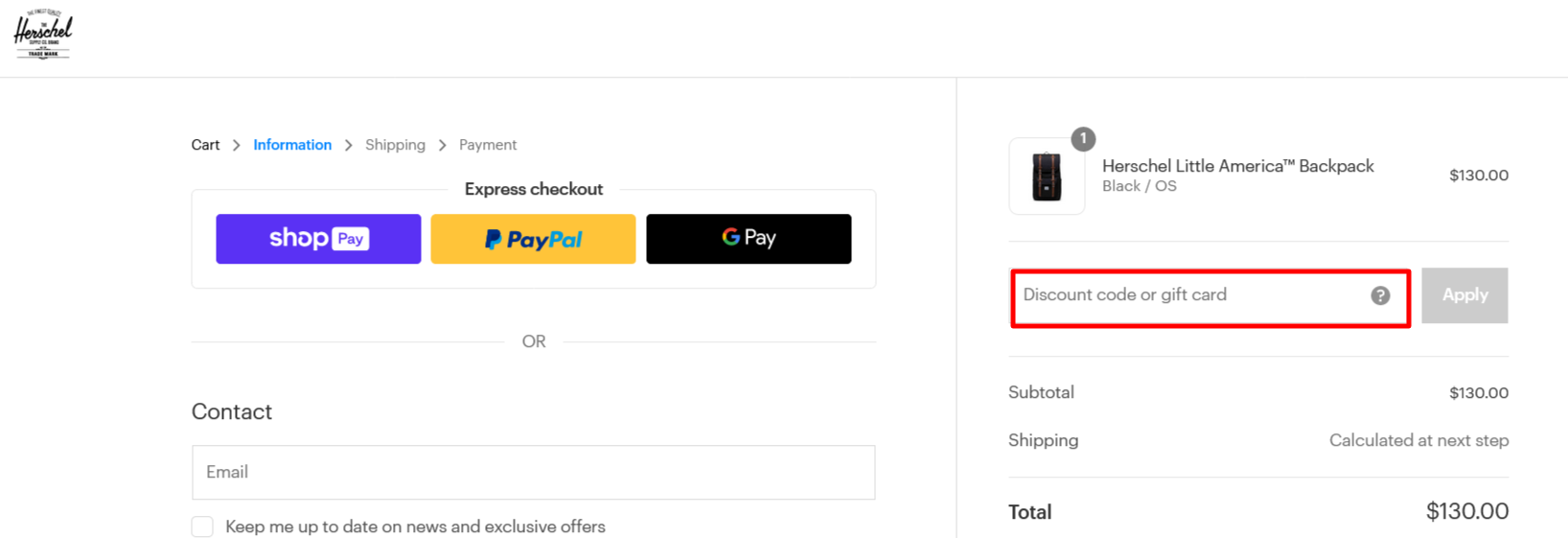The brand checkout page with where to add the Herschel Supply Co discount code is highlighted with a red box.