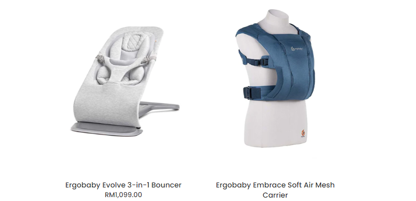An elegant  light grey 3-in-1 Ergobaby bouncer and a navy blue soft air mesh carrier