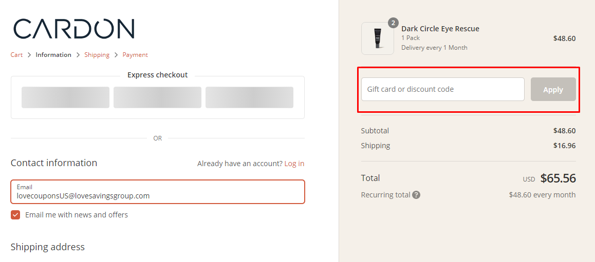 How do I use my Cardon discount code?