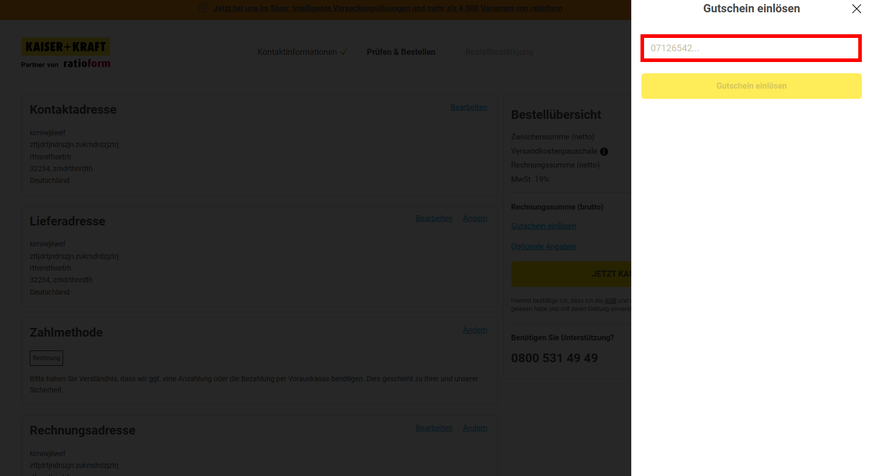Die Checkout-Seite von Kaiser Kraft mit rotmarkierter Stelle für den Kaiser Kraft Rabattcode