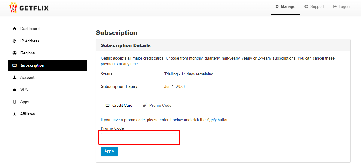 How do I use my Getflix promo code?