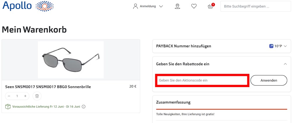 Warenkorb von Apollo mit rotmarkiertem Eingabefeld für Rabattcodes