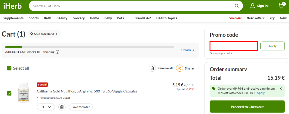 The shopping cart opened to see where to place your iHerb discount code