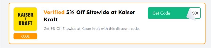 Box displayed on a darkened background of Kaiser Kraft promotional codes with the t&cs showing