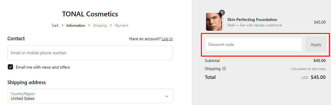 How do I use my TONAL Cosmetics discount code?