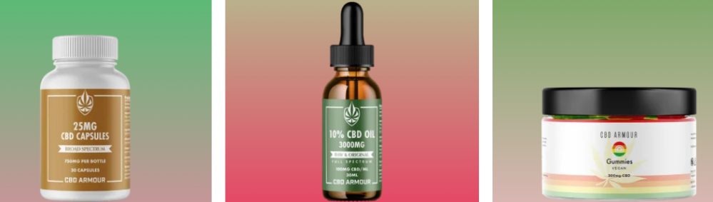 CBD Armour products shpwing the CBD Capsules, CBD oil, and CBD gummies