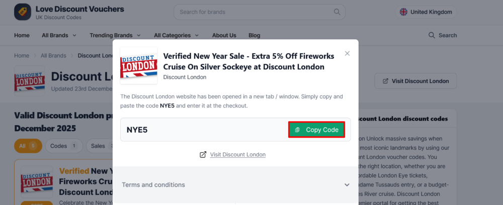 Love Discount Vouchers page showing Discount London code revealed