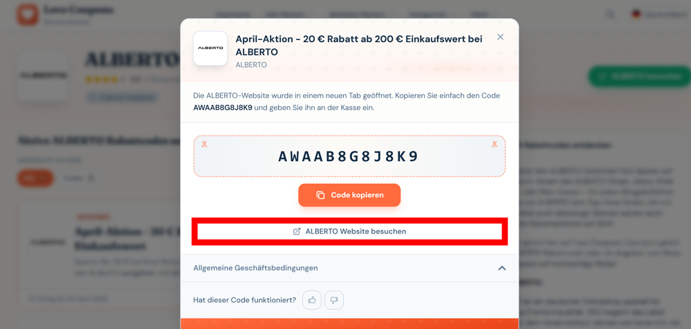 Offener Rabattcode für ALBERTO auf der Love Coupons Seite mit rotmarkiertem Link