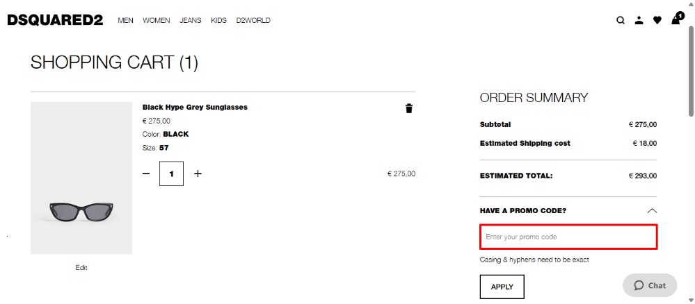 DSquared2 discount code place in the shopping cart
