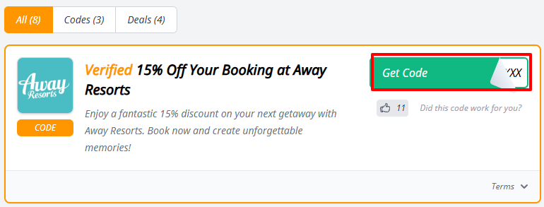 A red box will reveal an Away Resorts discount code