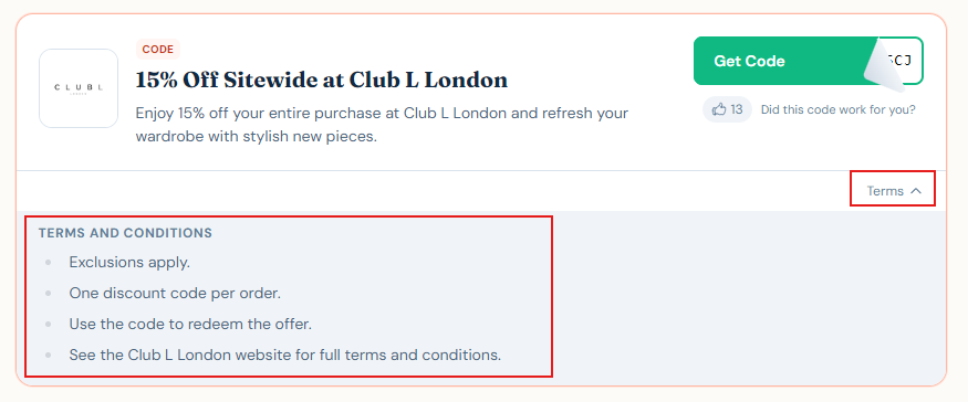 Club L London discount code T&Cs outlined in a red box