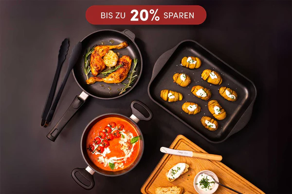 Mehrere Mahlzeiten auf Kochgeschirr mit einem Hinweis auf 20 % Rabatt