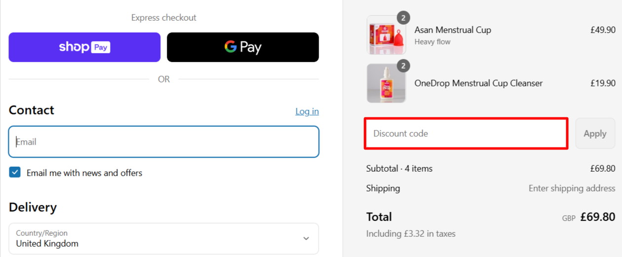 The checkout page showing where to apply your Asan discount code