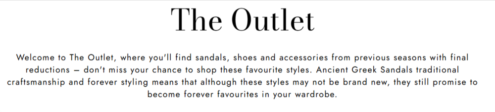 The Ancient Greek Sandals outlet page banner from their website