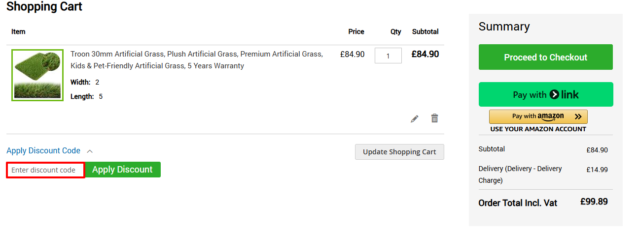 The Artificial Grass GB checkout page with where to paste the Artificial Grass GB voucher code in a red box.