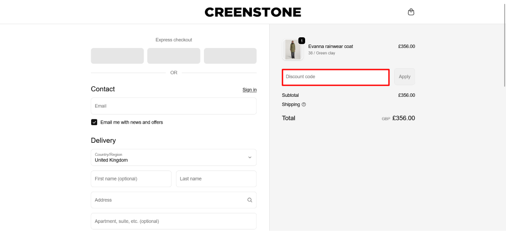 The Creenstone checkout page, where the code is pasted shown in a red box.