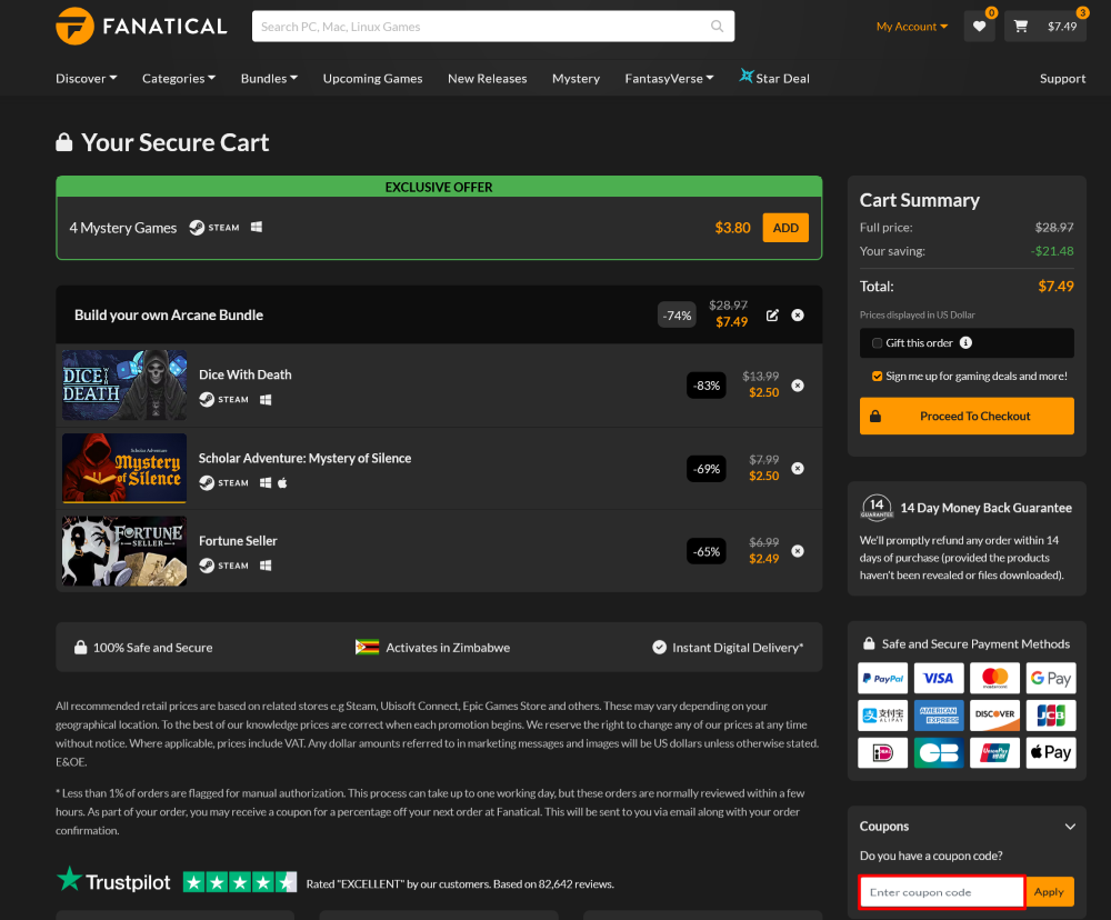 The checkout page for Fanatical, where you paste the code