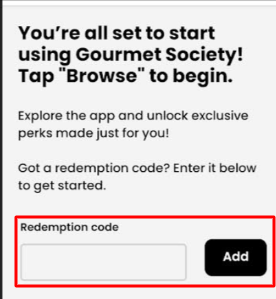 new users of gourmet society redeptions code for orders