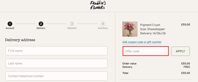 Image showing the Freddie's Flowers checkout page