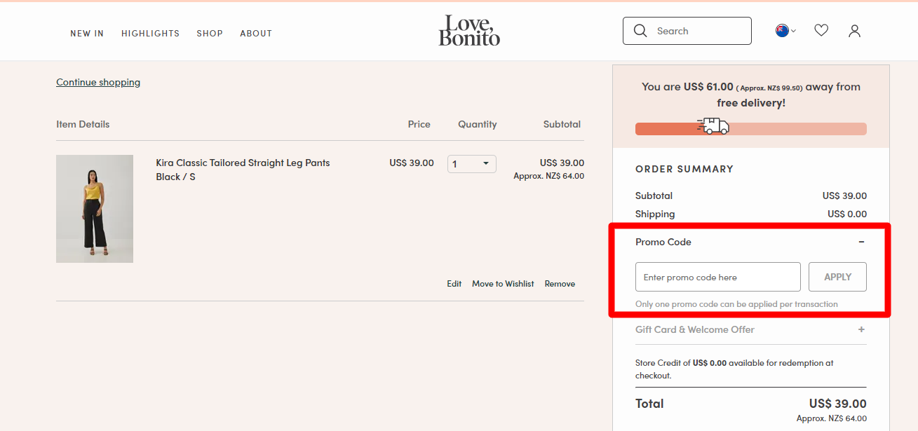 The brand checkout page with where to add the Love Bonito promo code highlighted with a red box
