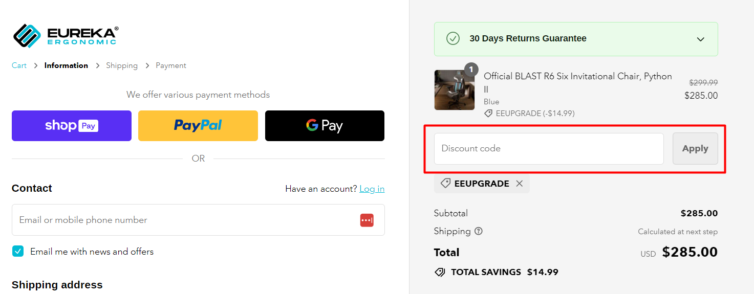 How do I use my Eureka Ergonomic discount code?