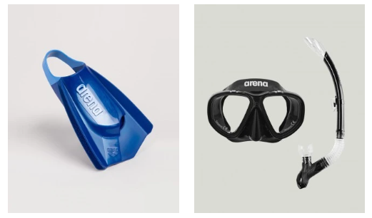 Blaue Schwimmflossen und ein Schnorchelset im dunklen Design auf leerem Hintergrund
