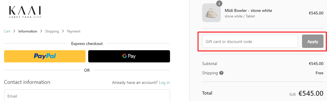 How do I use my Kaai discount code?