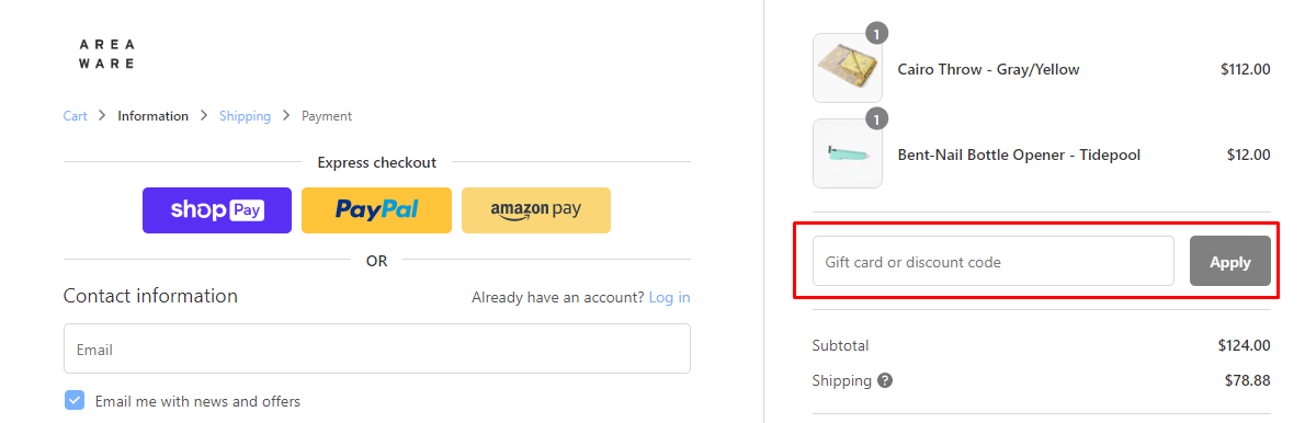 How do I use my AREAWARE discount code?